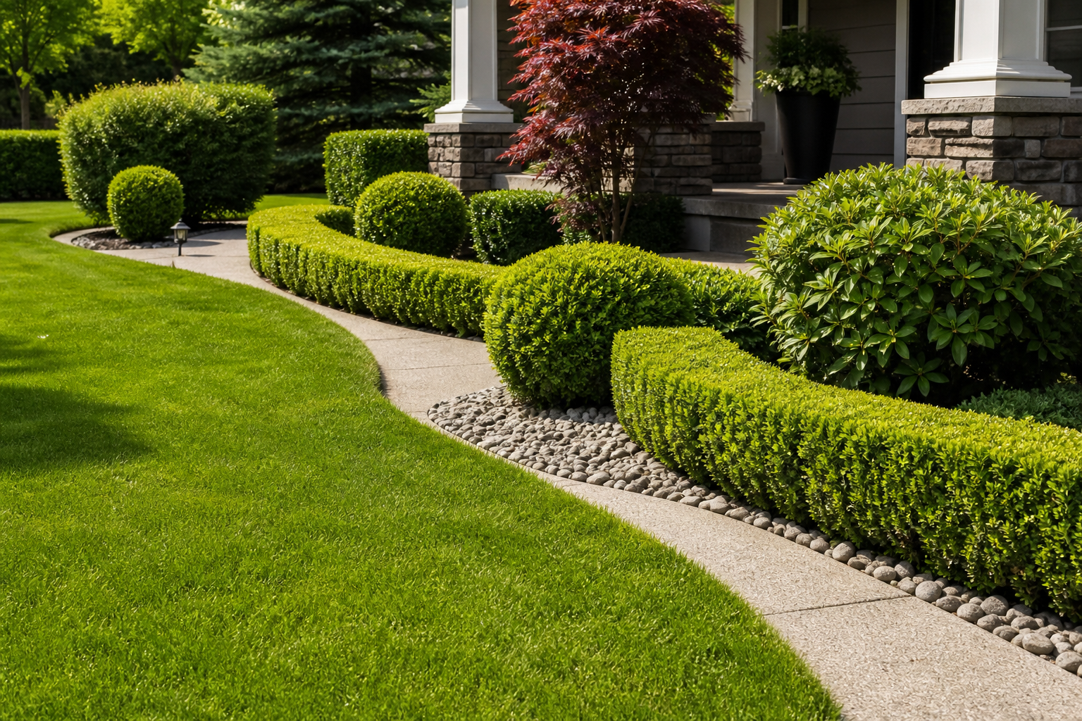 Trimmed shrubs and clean front yard landscaping