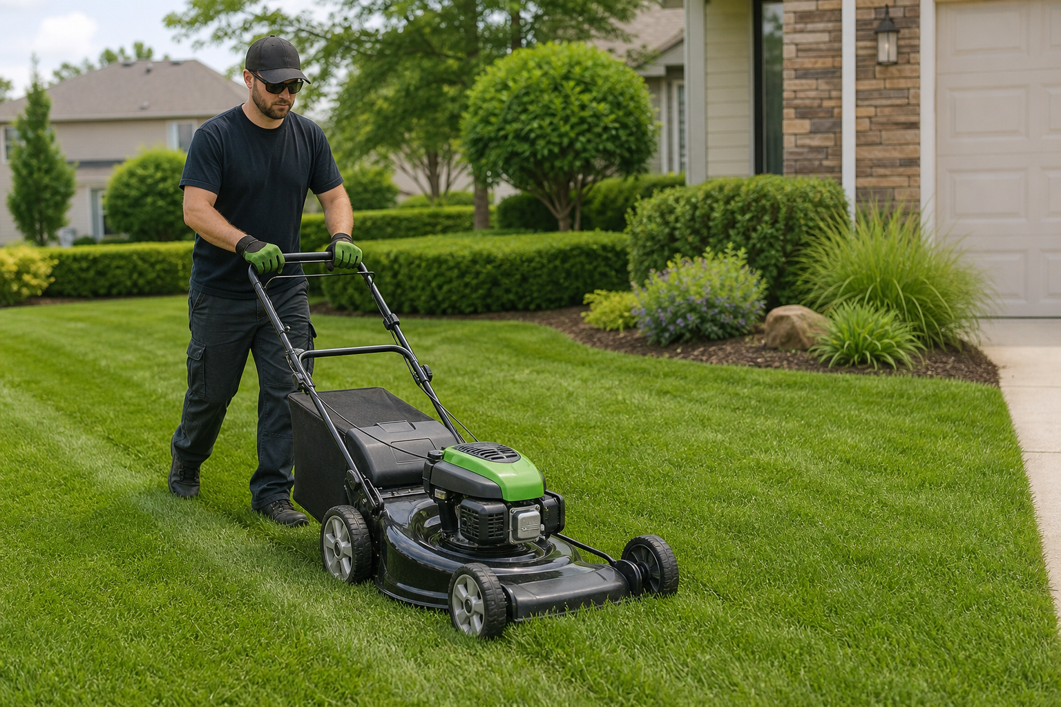 Person mowing a residential lawn with a walk-behind mower